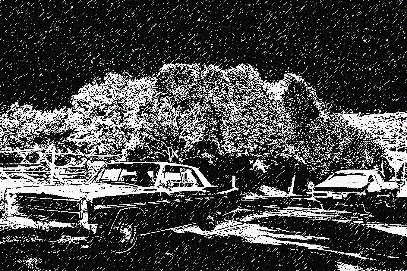 Illustration of two cars driving away in the rain